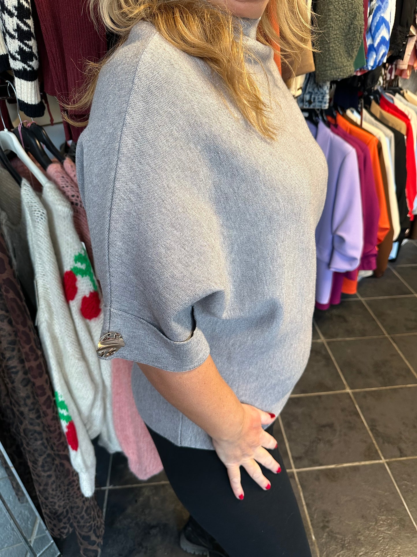 Grey high neck gold button detail jumper