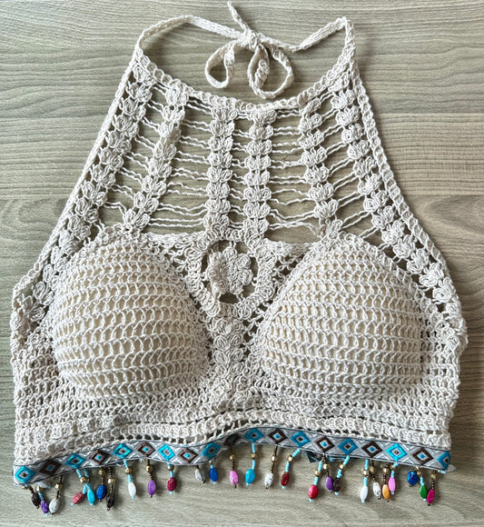 Beige beaded detail crochet halter neck top