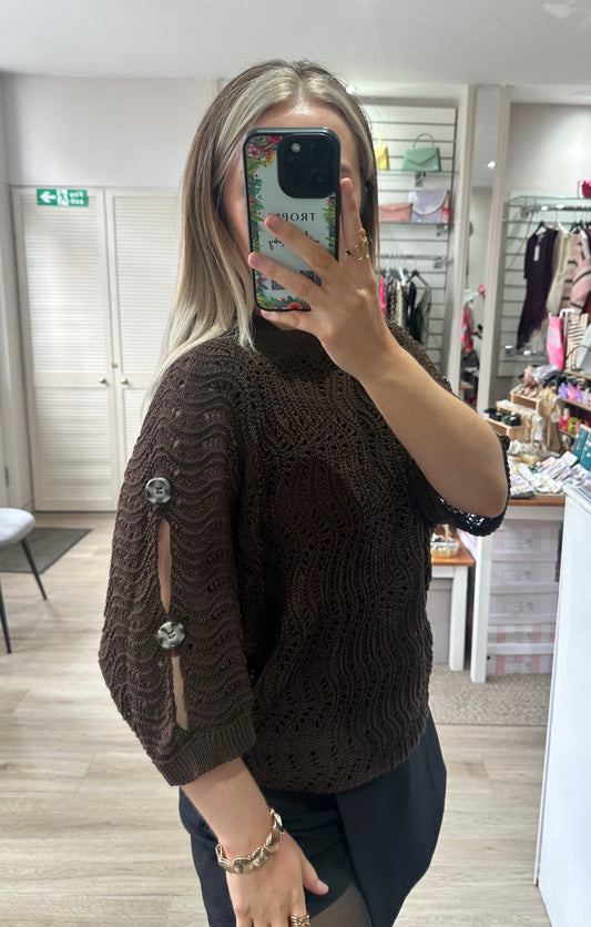 Side button detail knitted top - Brown