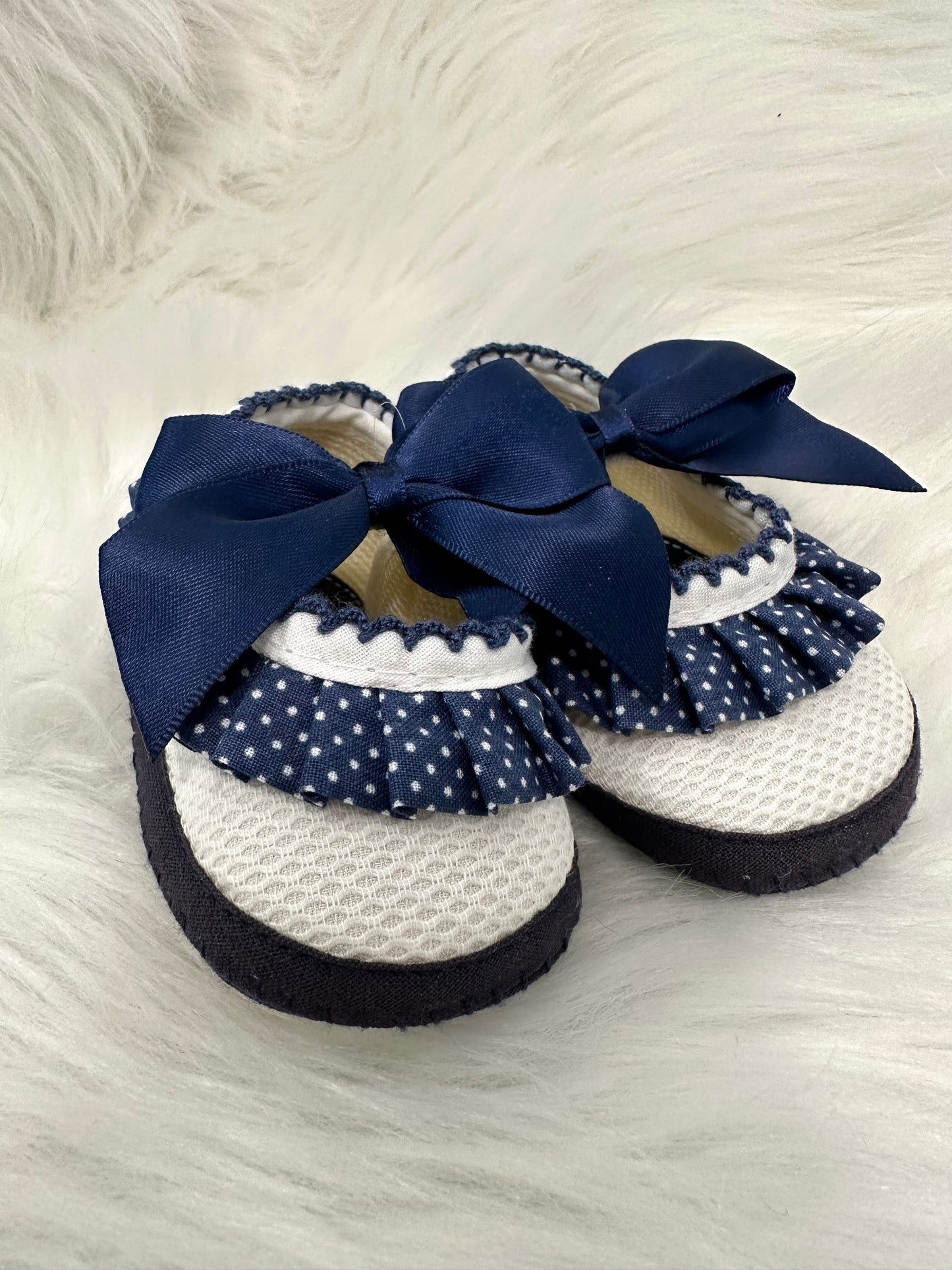 Baby navy & white polka dot lace and bow detail booties