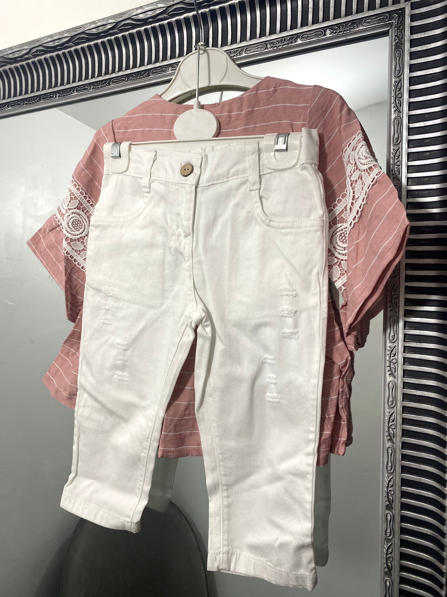 Pink & White stripe blouse & White jeans set