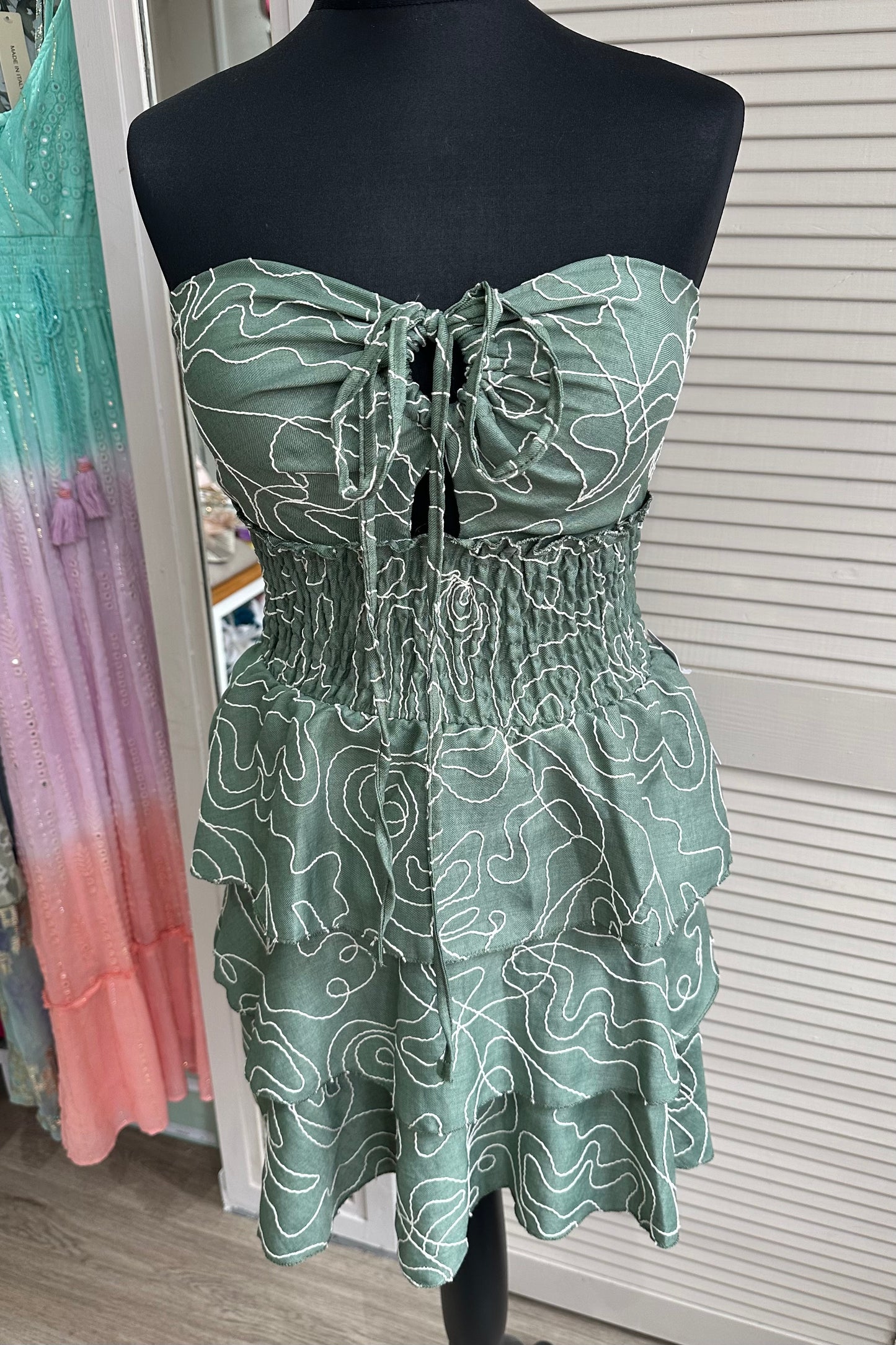 Green embroidery detail shirred waist layered mini dress