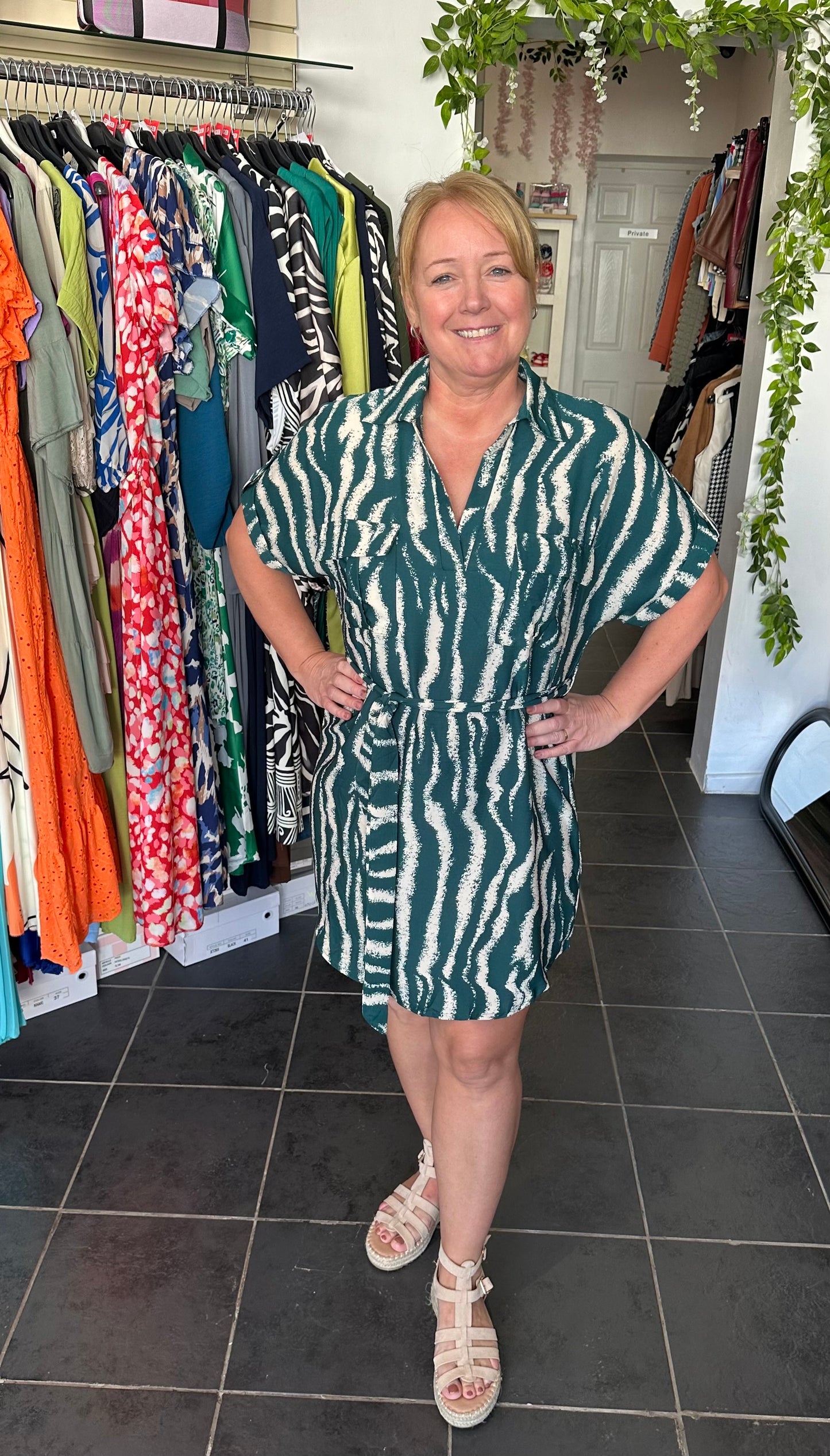 Green printed v neck belted shirt dress