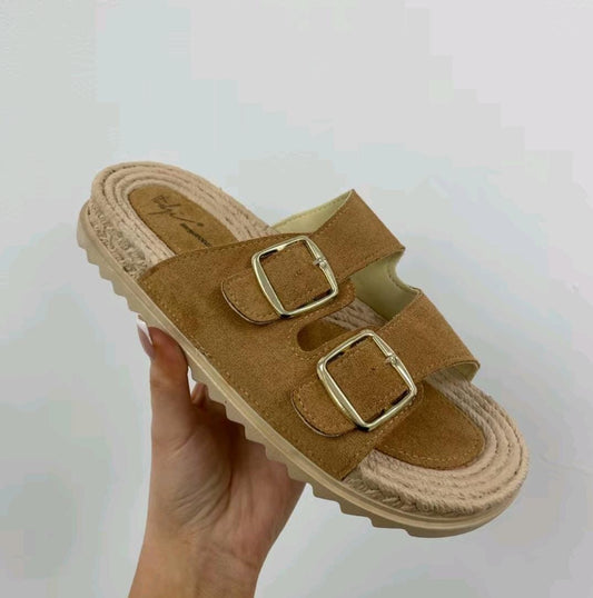 Espadrille double buckle sliders - Camel