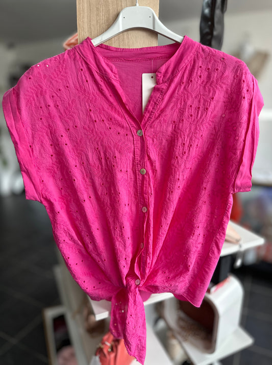 Pink broderie button down tie front top