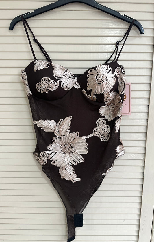 Floral mesh detail bodysuit with fitted cups & adjustable straps - Brown