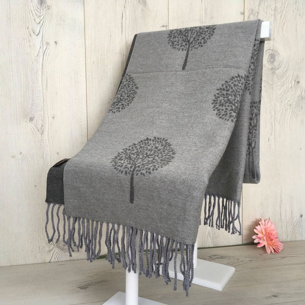 Tree pattern reversible winter scarf - light & dark grey