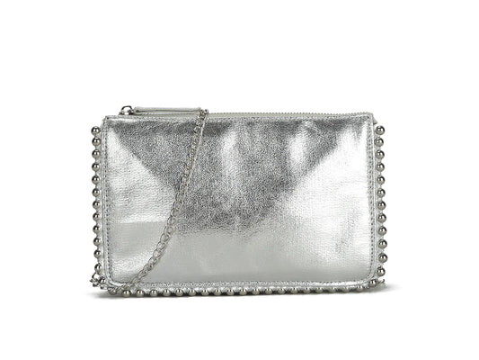 Beaded detail faux leather crossbody clutch bag - Silver