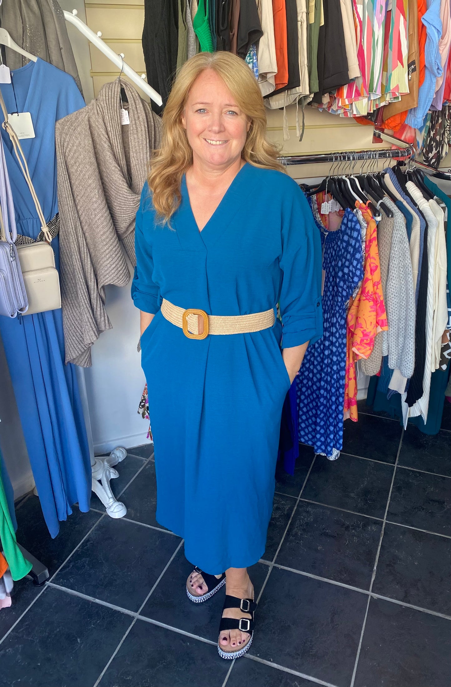 Teal rolled up sleeve belted midi dress