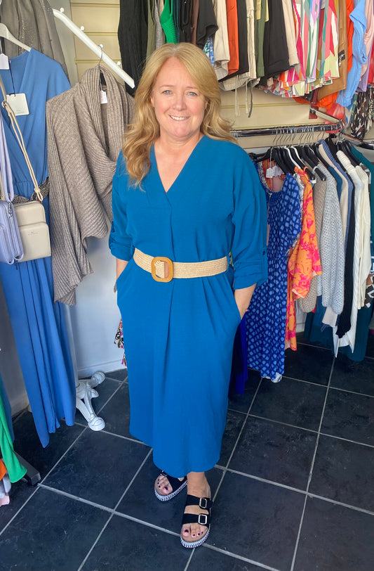 Teal rolled up sleeve belted midi dress