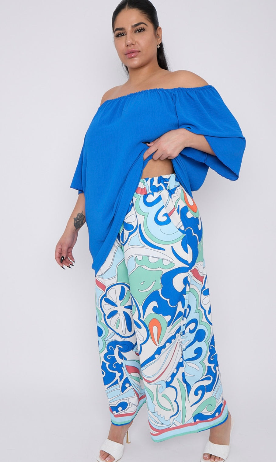 Plus size printed wide leg trousers with pockets - Royal Blue