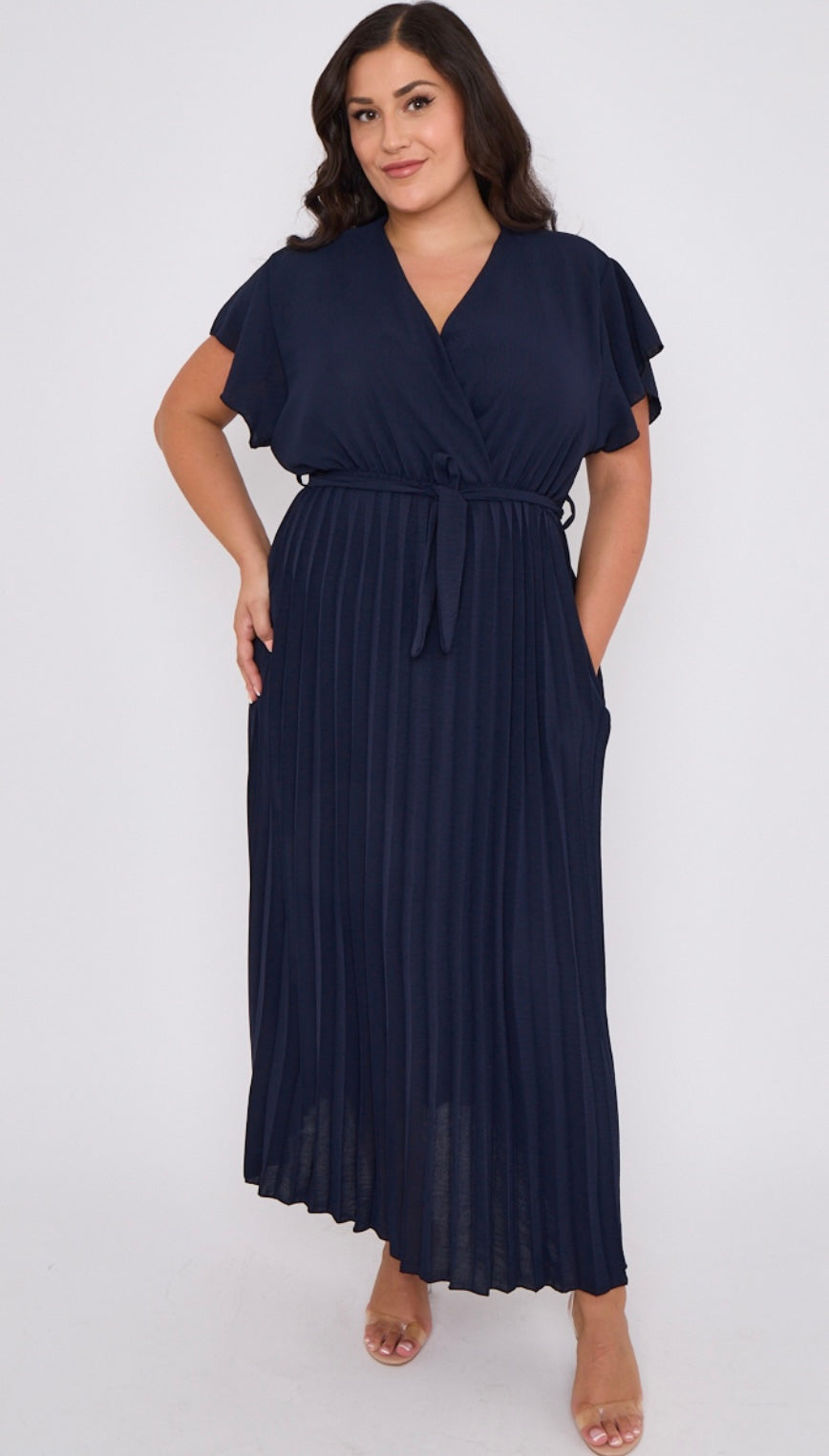 Curve fit navy pleated skirt tie waist dress with pockets