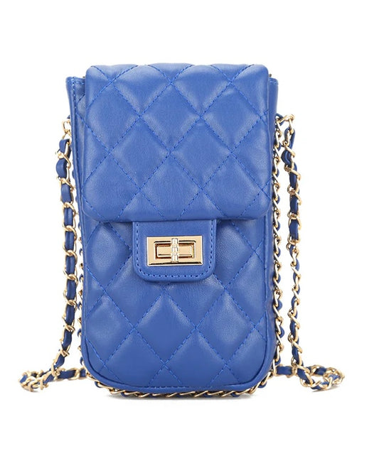 Faux leather quilted crossbody bag with weave chain detail strap - Royal blue
