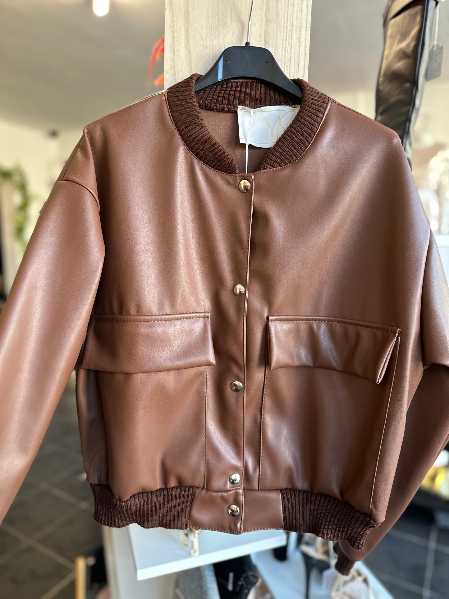 Brown faux leather short length bomber jacket