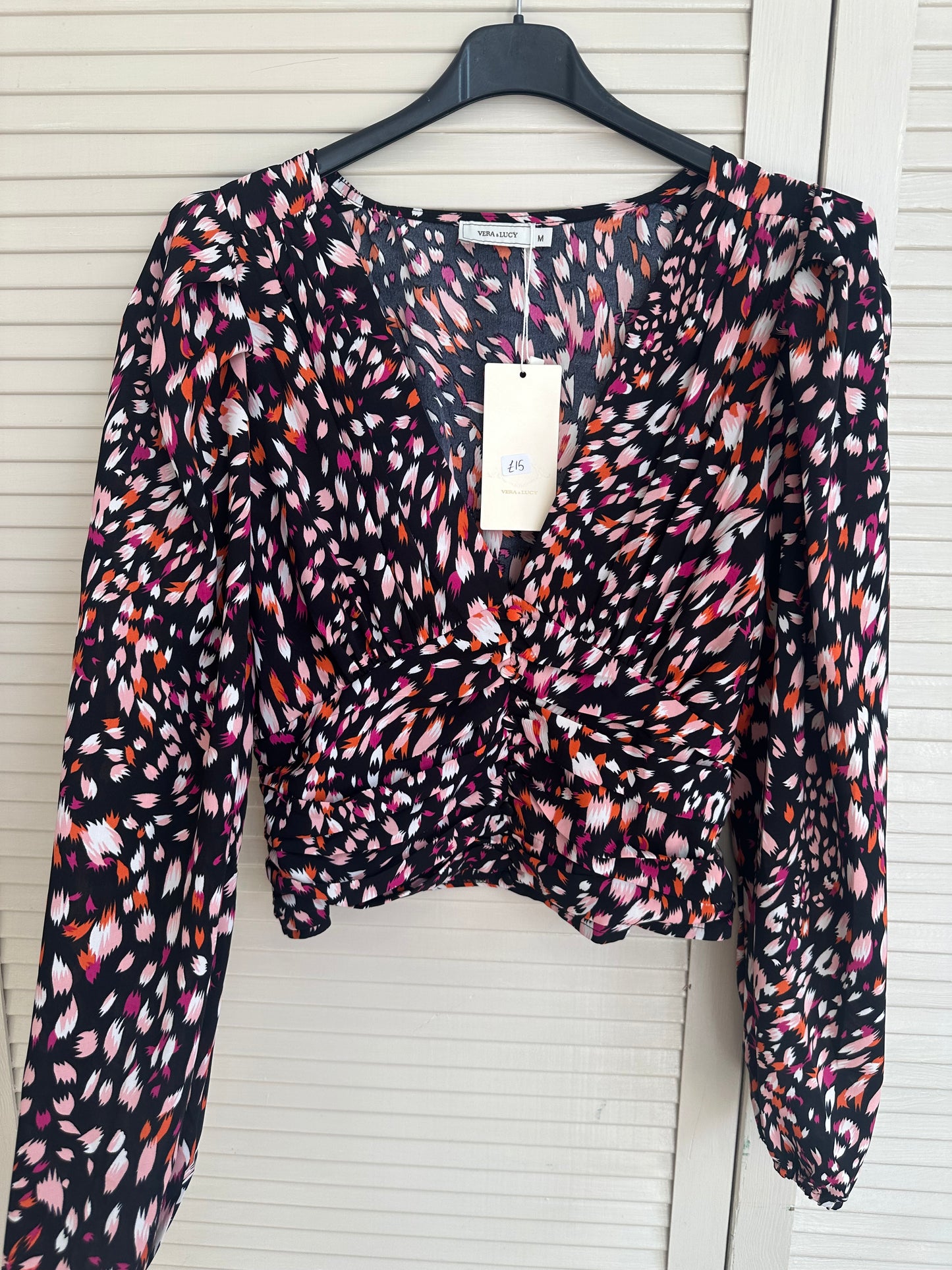 Printed button front detail long sleeve blouse