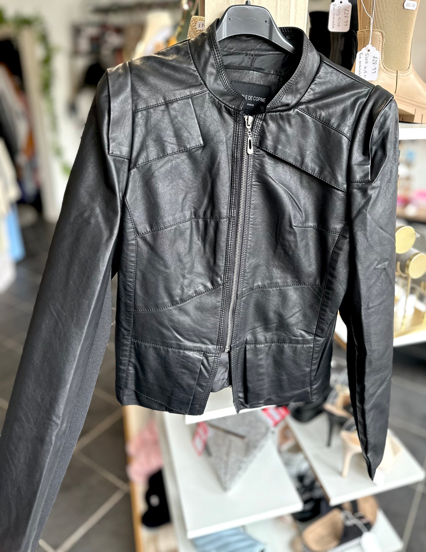 Black slight-crop fitted faux leather jacket