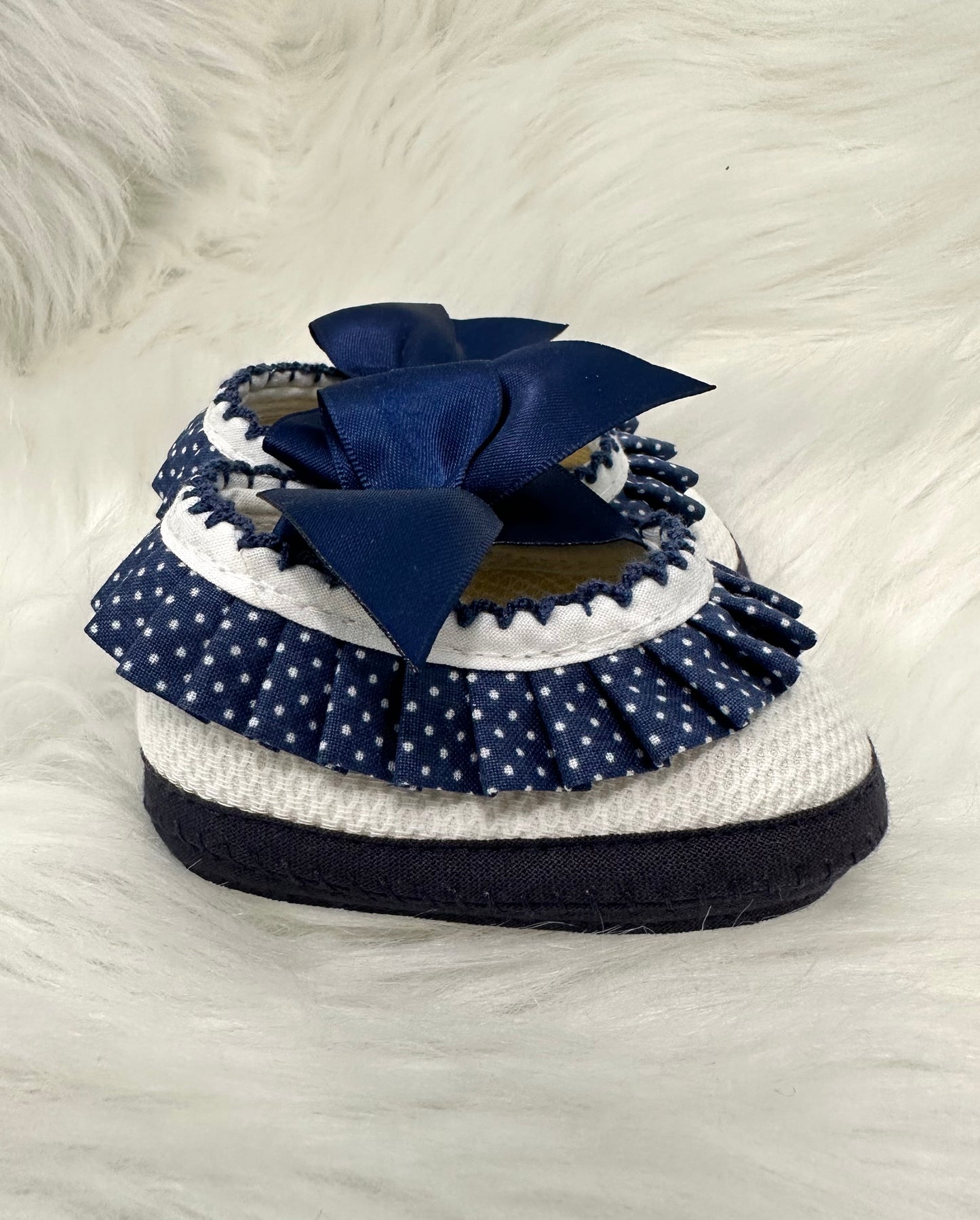 Baby navy & white polka dot lace and bow detail booties