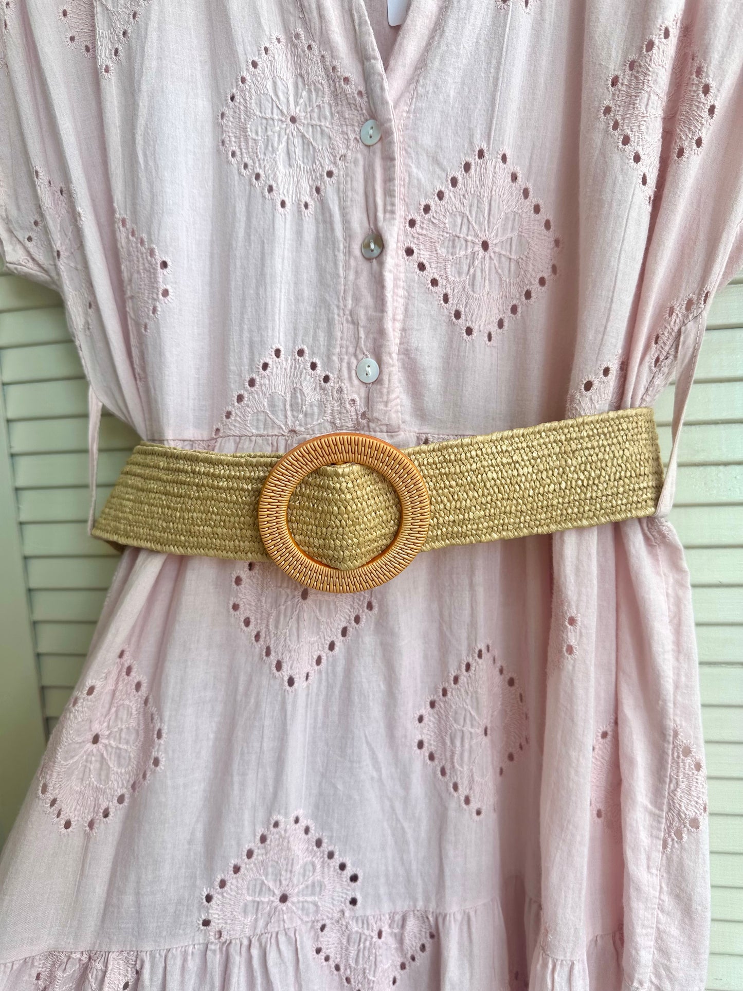Pale pink broderie anglaise midi dress with woven belt