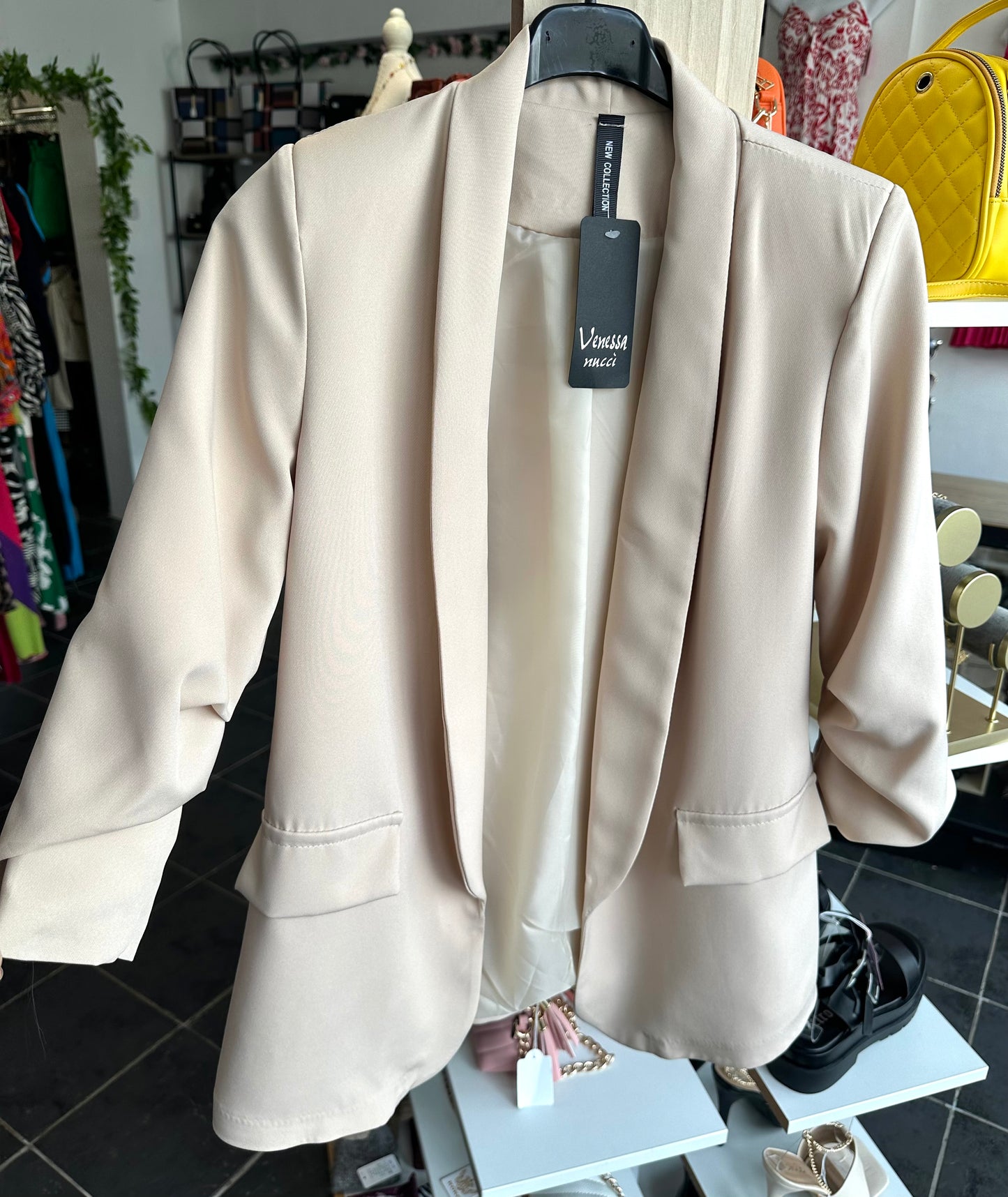 Beige ruched sleeve open blazer