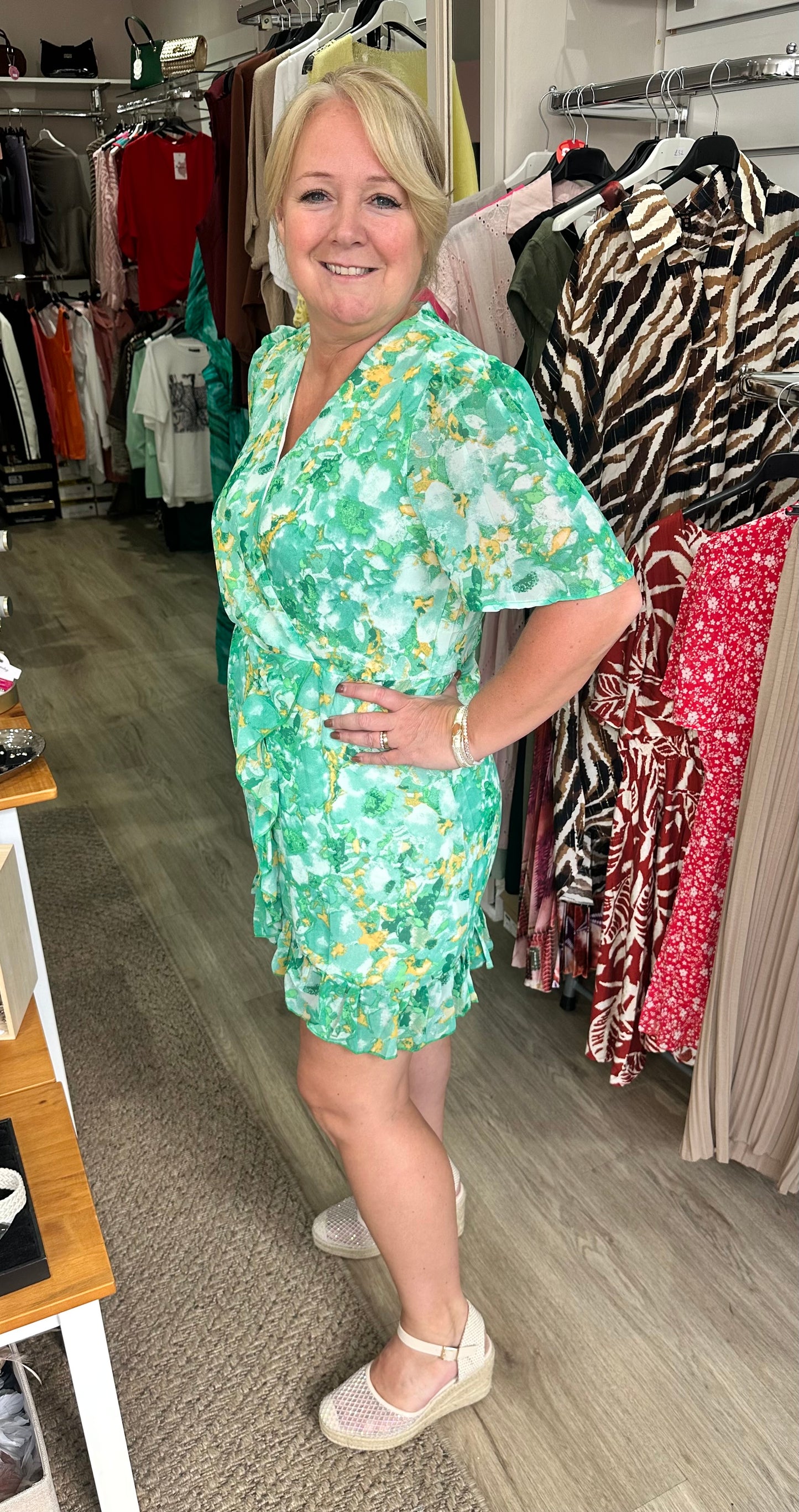 Green floral frill detail mini dress