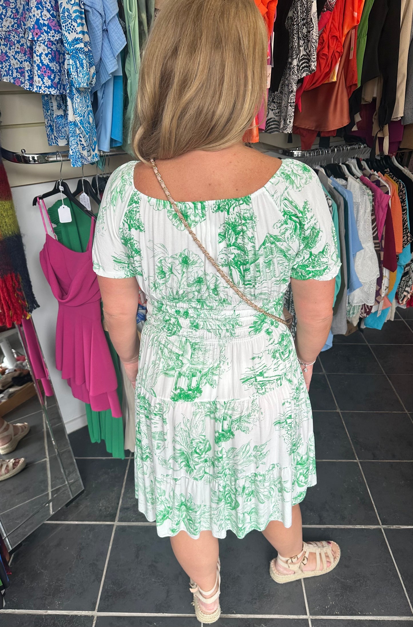 Green floral shirred waist button down dress