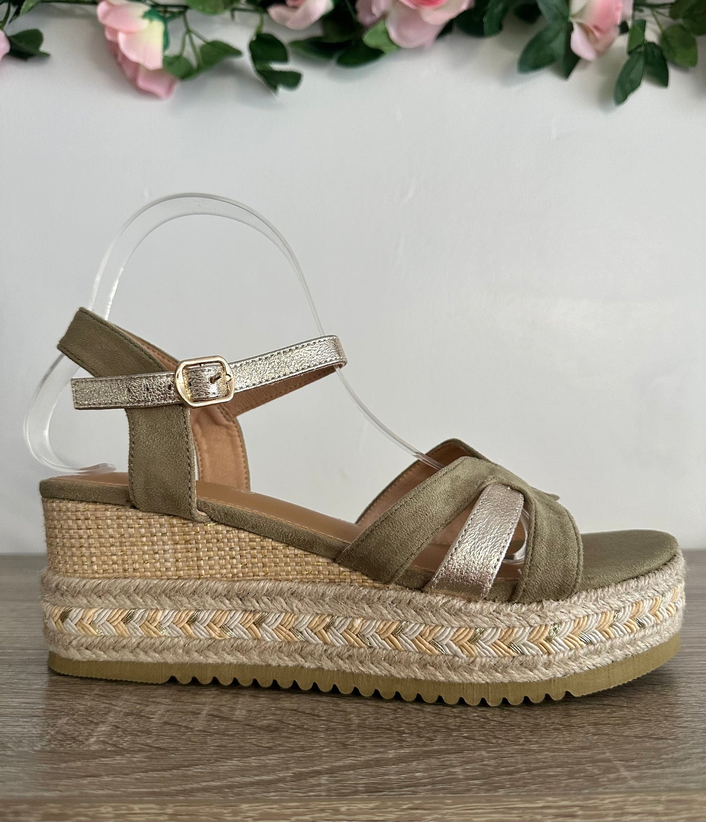 Khaki & gold espadrille wedges