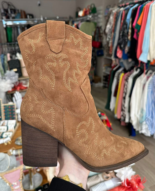 Embroidered tan cowboy western heeled boots