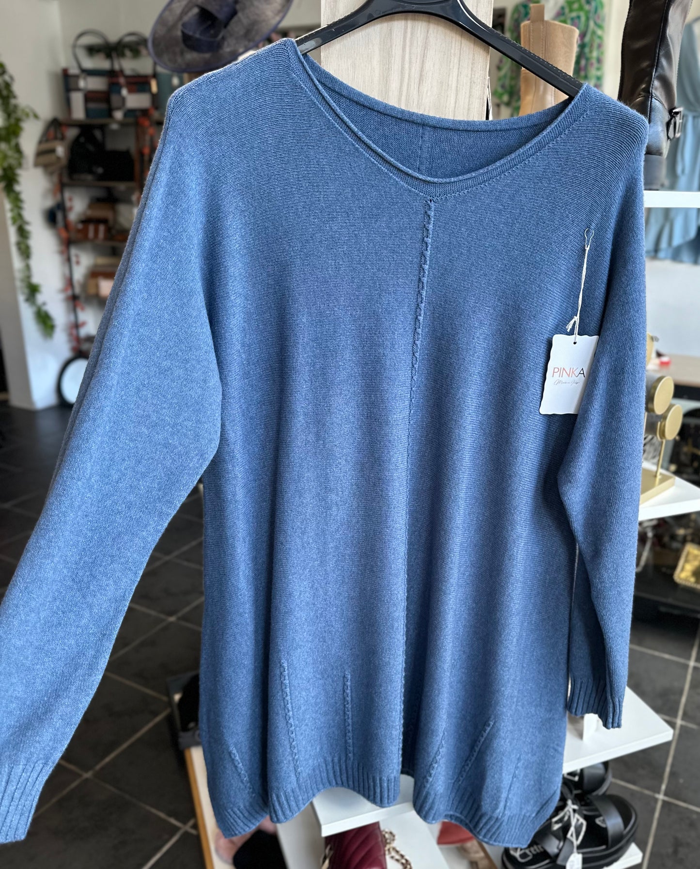 Blue long length knitted jumper