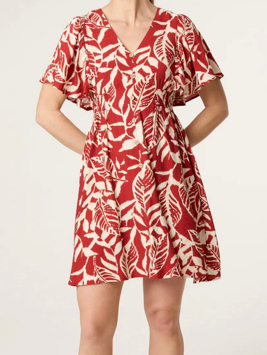 Abstract leaf detail button mini dress - Rust