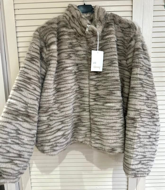 Animal print faux fur zip up jacket