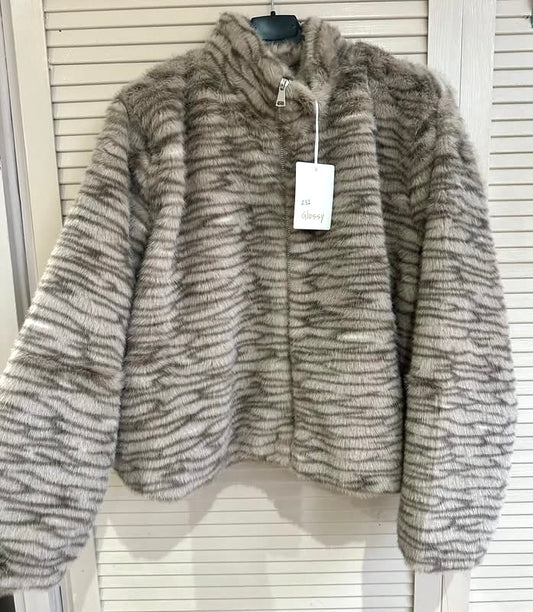 Animal print faux fur zip up jacket