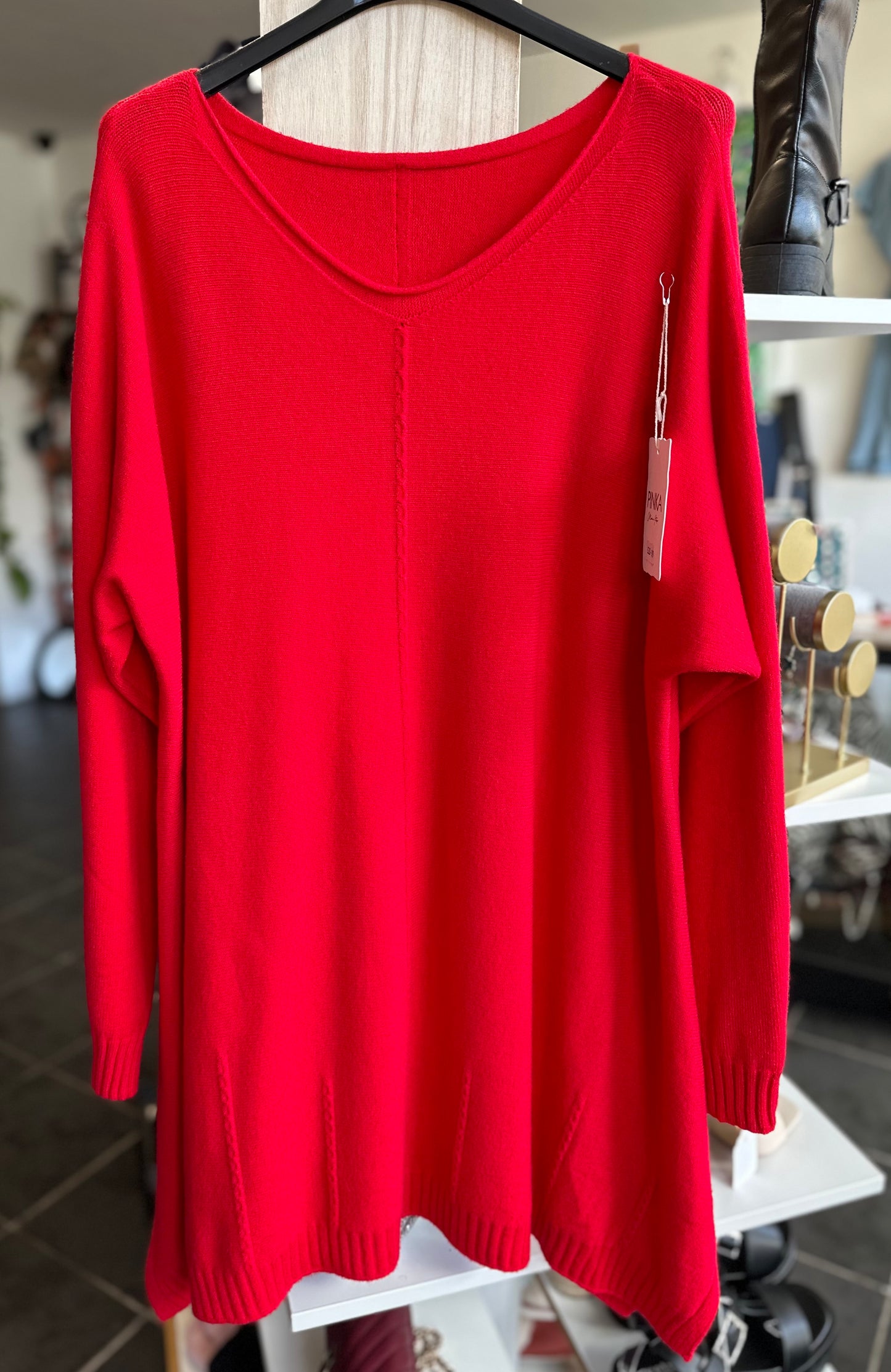 Red long length knitted jumper