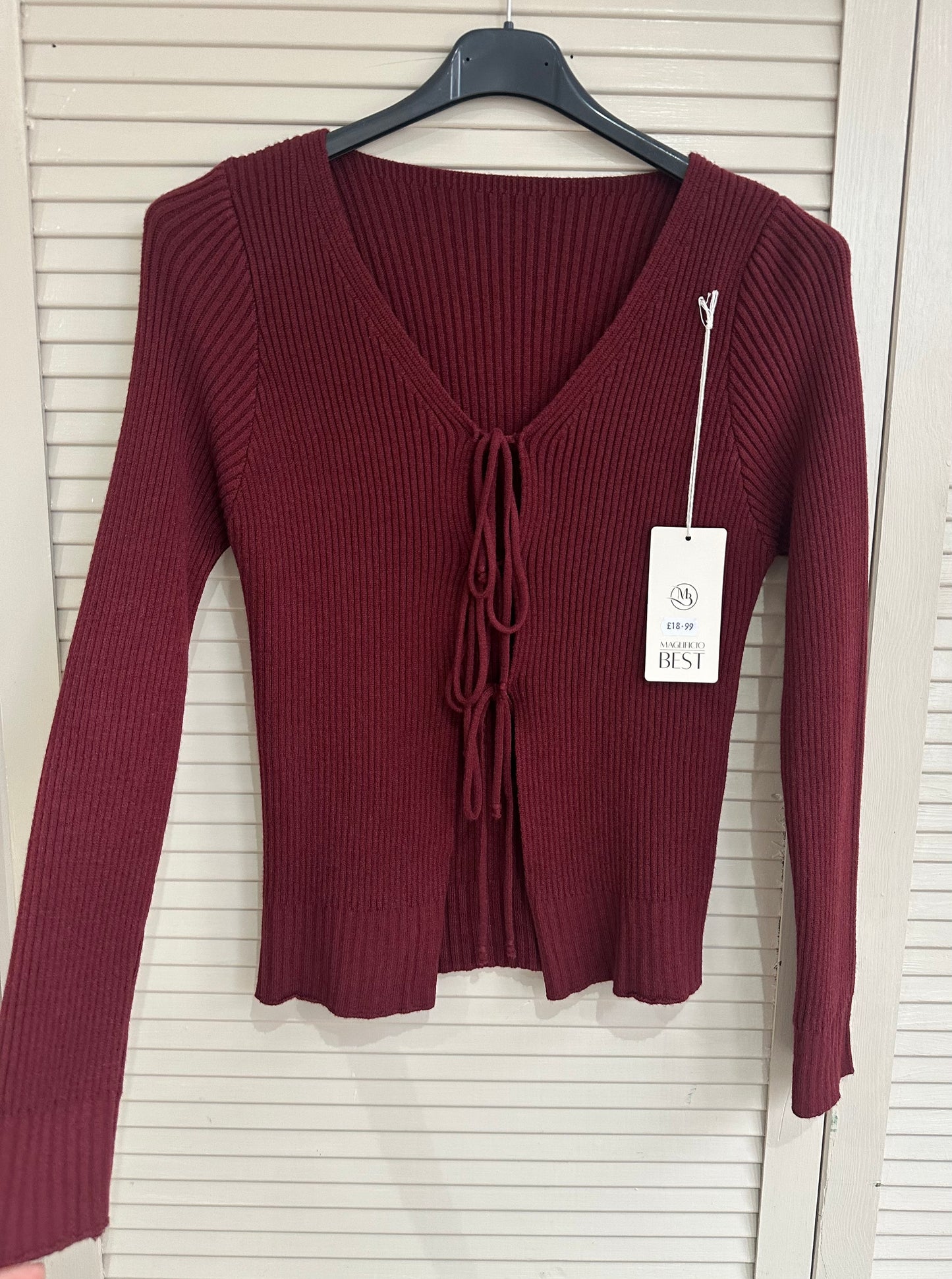 Burgundy ribbed knitted tie front jumper top
