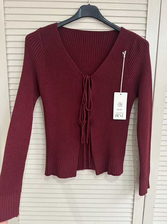 Burgundy ribbed knitted tie front jumper top
