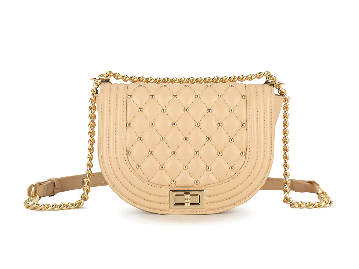 Quilted and stud detail shoulder bag with gold chain strap - Nude