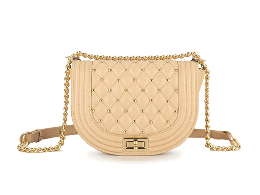 Quilted and stud detail shoulder bag with gold chain strap - Nude