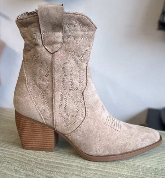 Faux suede tab detail western cowboy boots - Beige