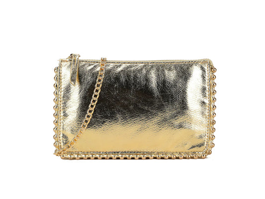 Beaded detail faux leather crossbody clutch bag - Gold