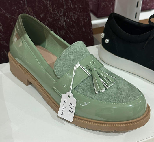 Mint green tassel detail patent loafers