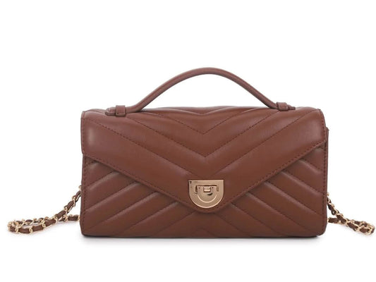 Quilted Faux Leather Chain Strap Crossbody Bag - Coffee