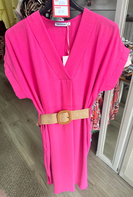 Short sleeve v neck midi dress with woven belt - Pink