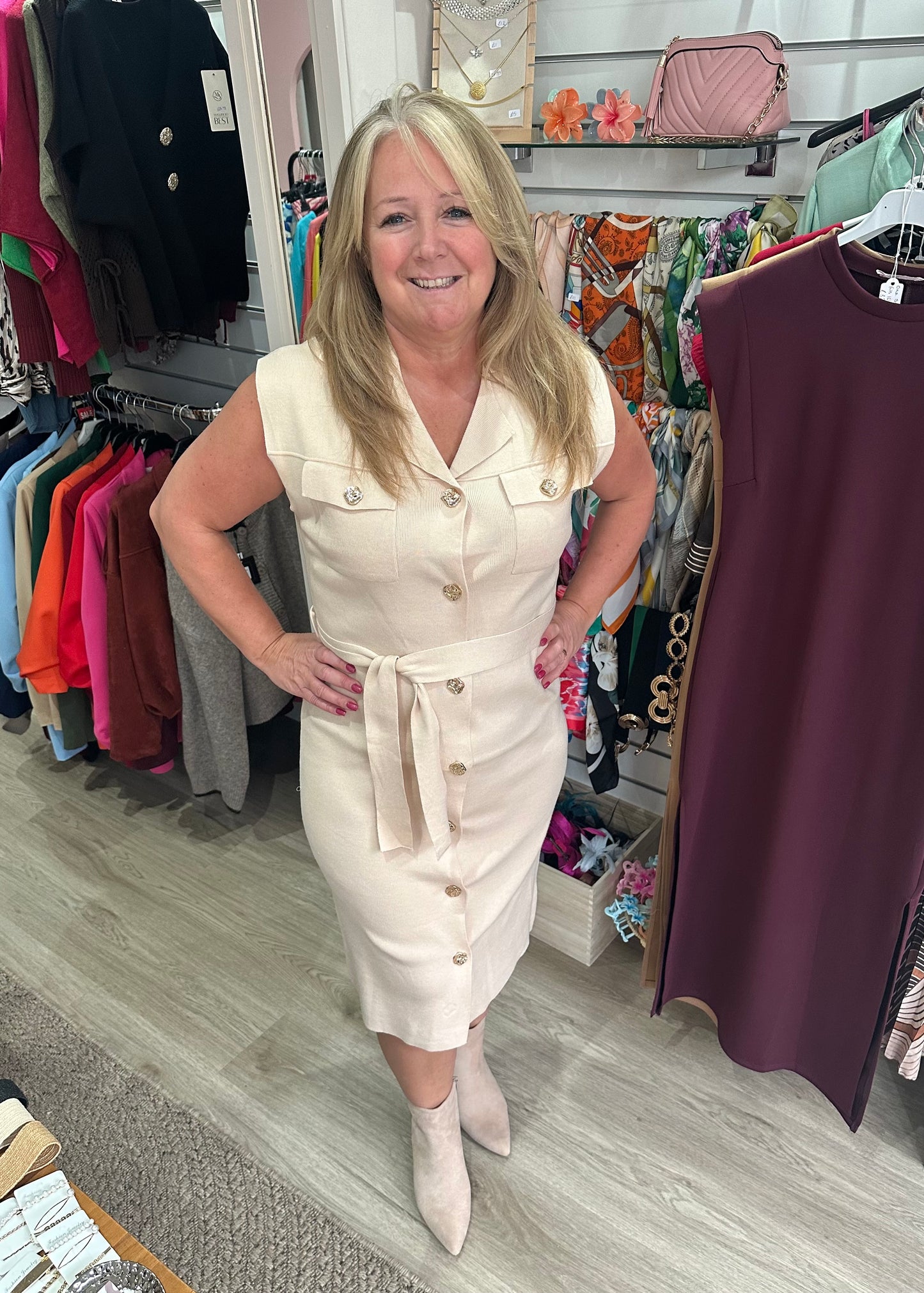 Knitted button down midi dress with tie waist belt - Beige