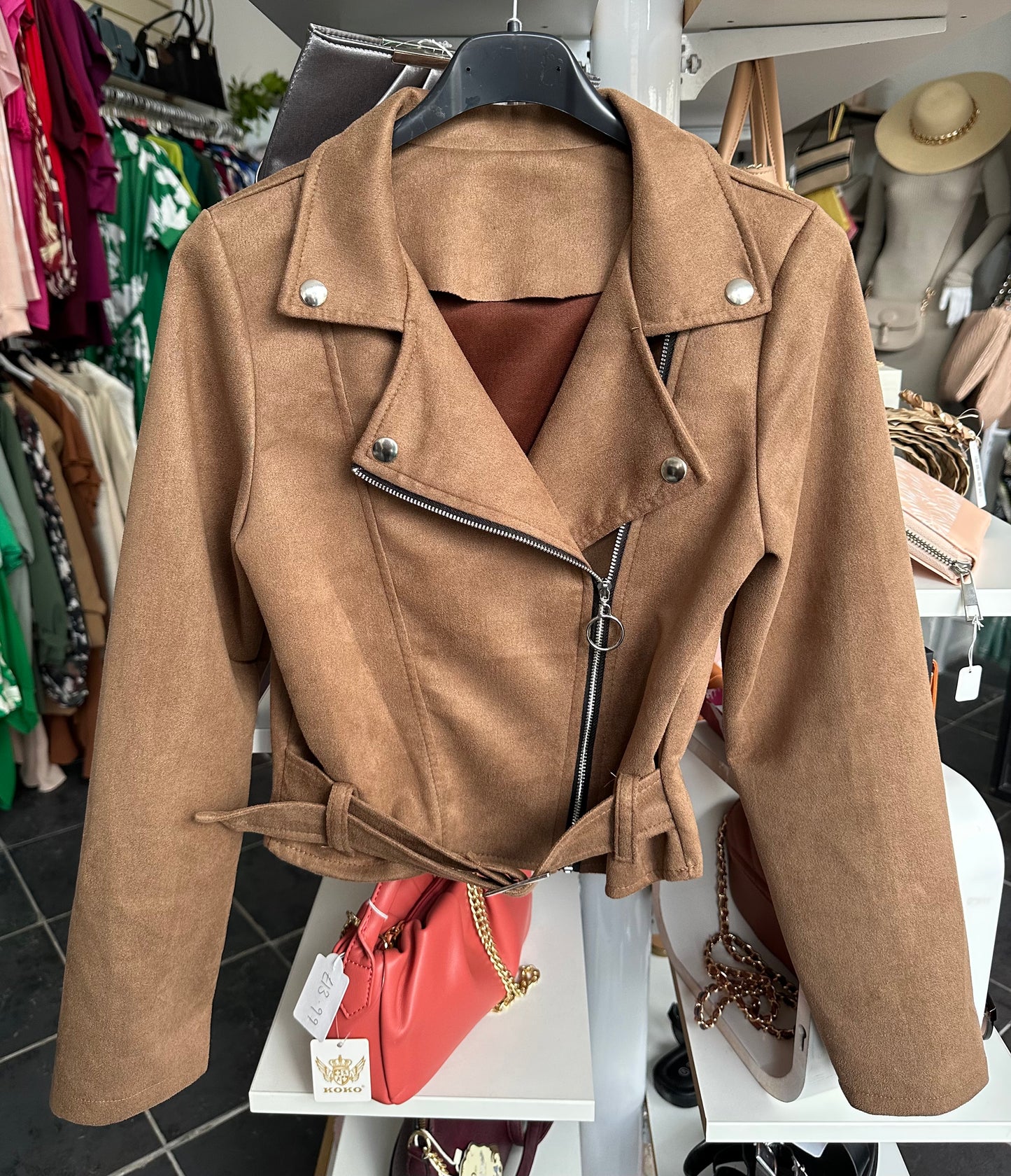 Light brown suede cropped biker jacket