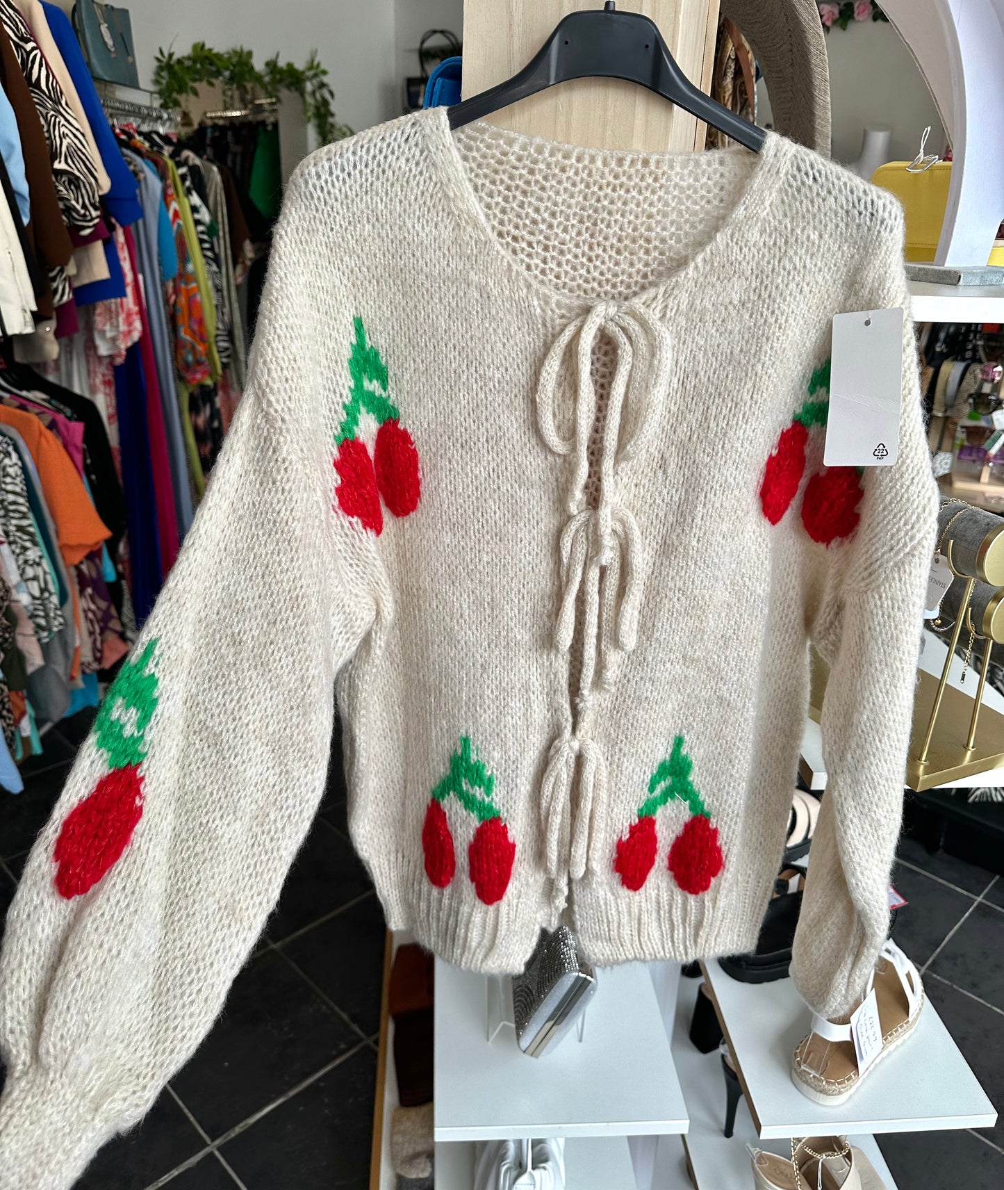 Cherry detail tie front jumper