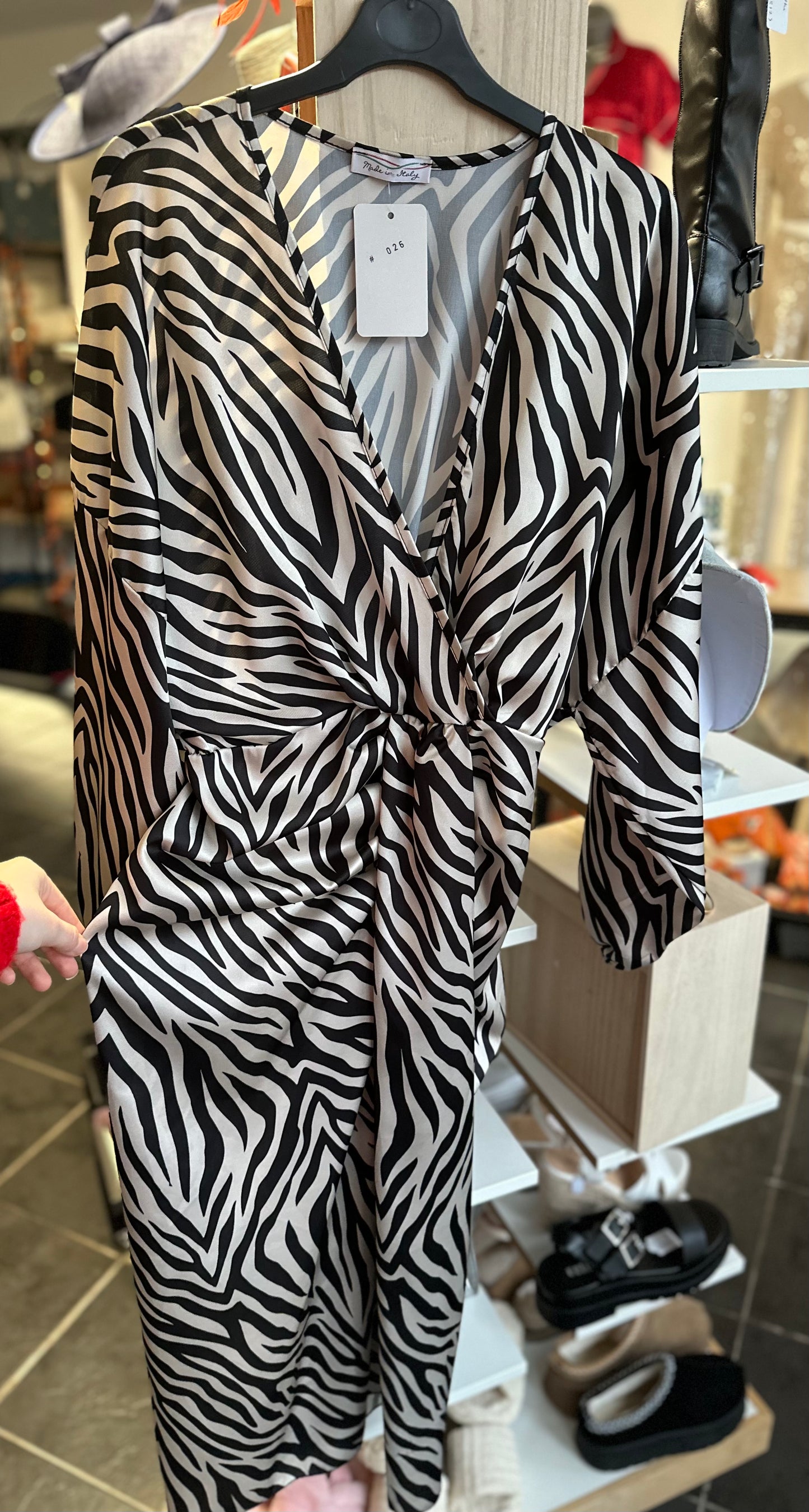 Zebra print pleated front midi dress (belt not included)