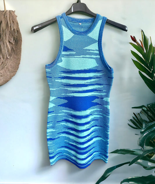 Blue print knitted bodycon dress