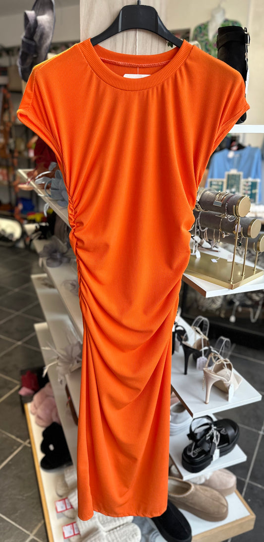 Orange ribbed ruched midi dress