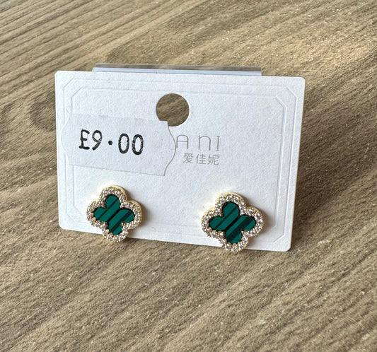 Flower stud earrings with diamanté edges - Green