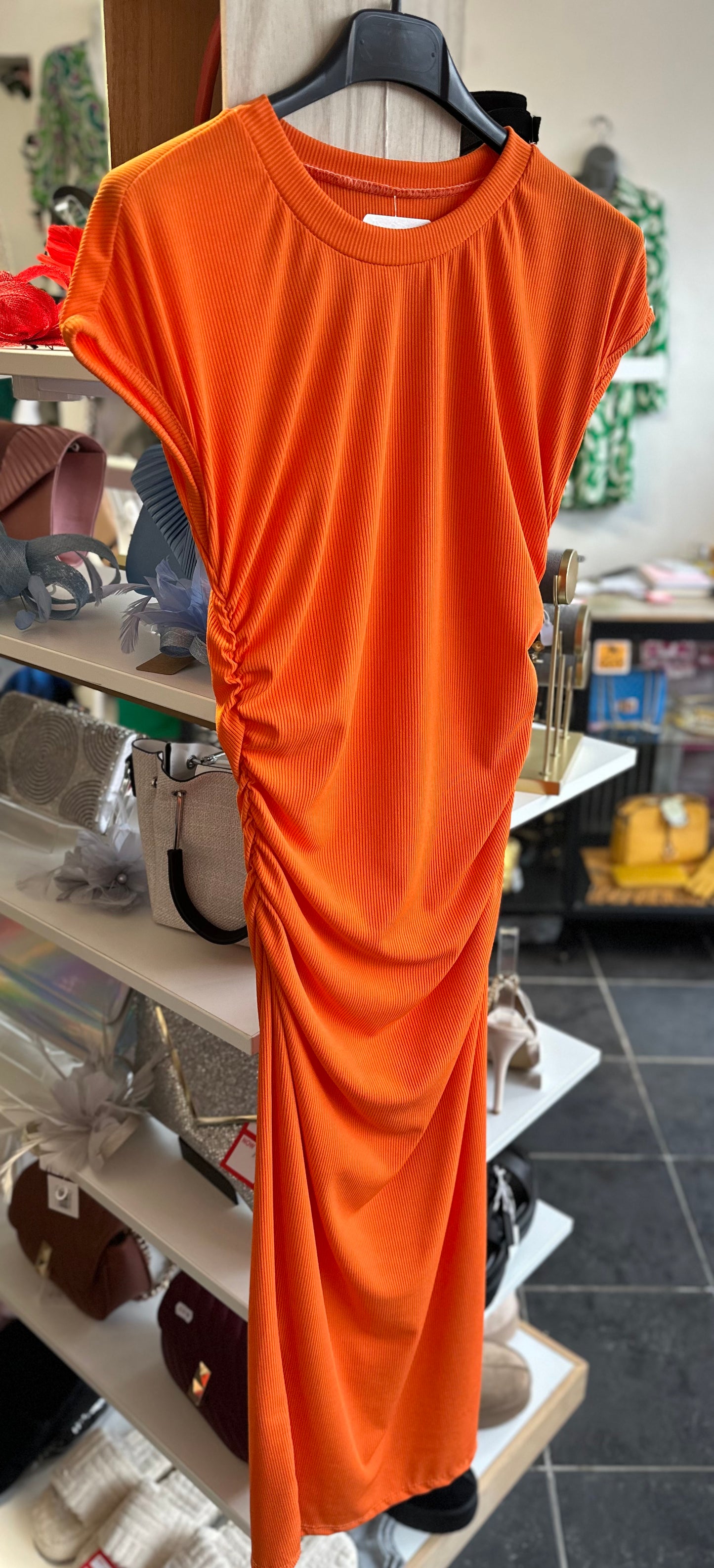 Orange ribbed ruched midi dress