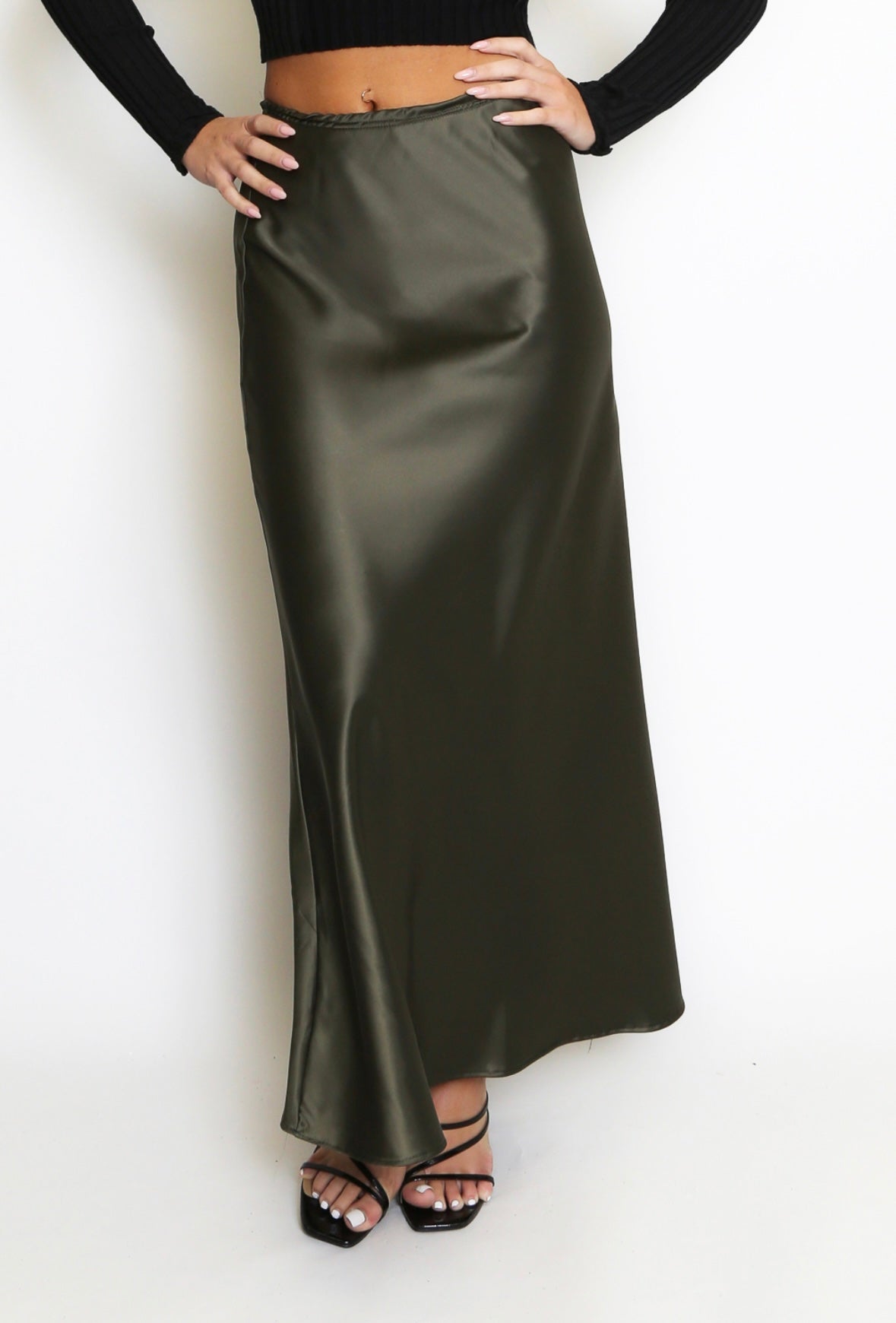 Khaki green satin maxi skirt